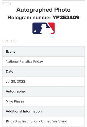 Mike Piazza Signed United We Stand Hr 16x20 9/11 Photo Framed Mets auto Fanatics