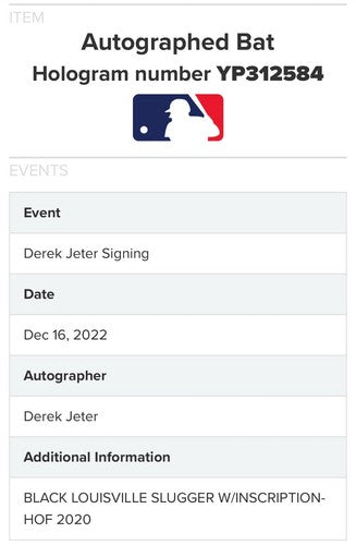 Derek Jeter Signed Game Model Bat Yankees HOF 2020 Autograph Mint MLB Holo COA