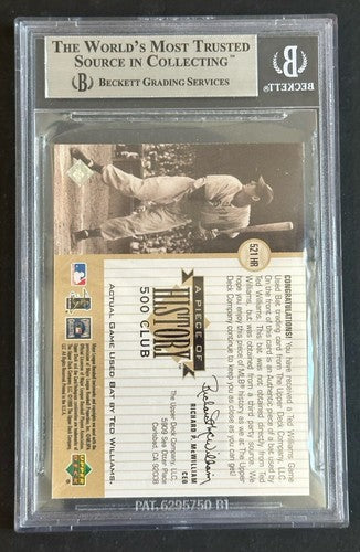 Ted Williams 1999 Upper Deck Piece History 500 HR Game Used Bat BGS 8.5 Nm - Mt