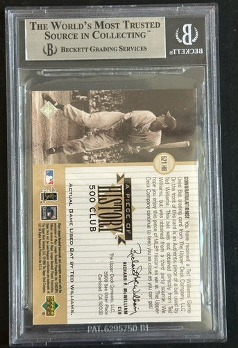 Ted Williams 1999 Upper Deck Piece History 500 HR Game Used Bat BGS 8.5 Nm - Mt