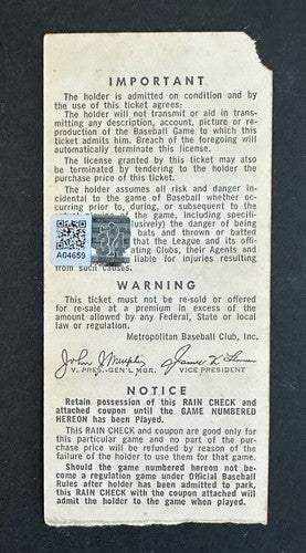 1969 NLCS Game #3 Ticket Stub Mets Nolan Ryan 1st Playoff Win Auto Ryan Holo Coa