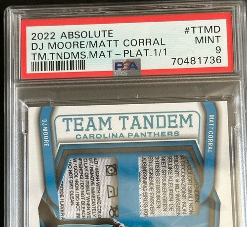 2022 Absolute Football Team Tandem Panthers Dj Moore Laundry Tag Patch 1/1 Psa 9