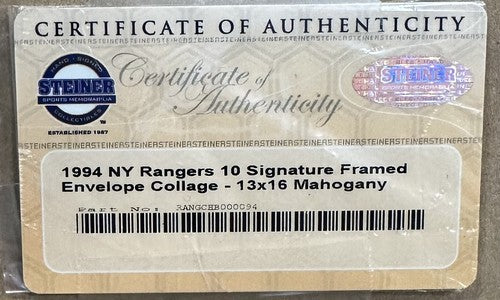1994 Rangers Signed Suede Framed Envelope Photo SC Patch 10 Auto Leetch Steiner