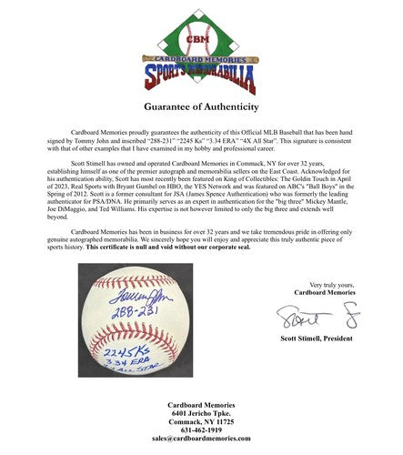 Tommy John Signed Official MLB Baseball Yankees 4 Stat 4x AS 2245 Ks Auto COA