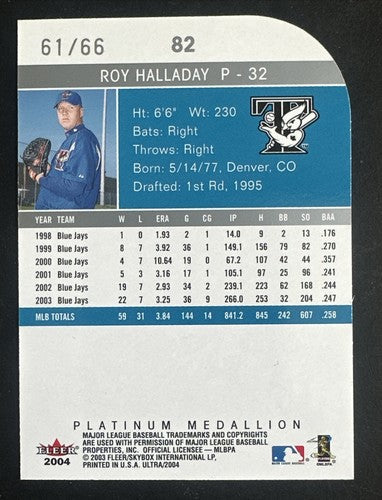 2004 Fleer Ultra Platinum Medallion  #82 Roy Halladay Blue Jays /66 Mint HOF