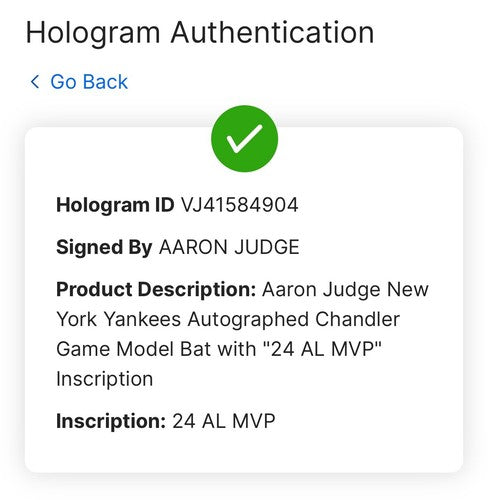 Aaron Judge Yankees Signed Chandler Game Model Bat 24 AL MVP Auto Fanatics MLB