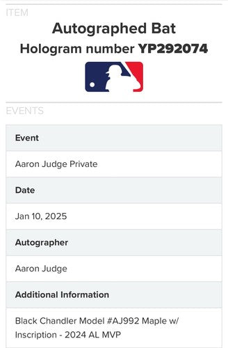 Aaron Judge Yankees Signed Chandler Game Model Bat 24 AL MVP Auto Fanatics MLB