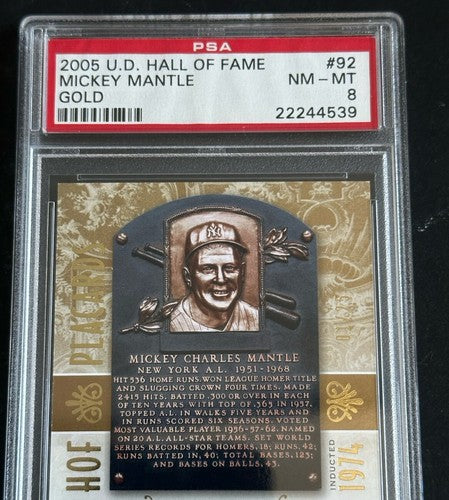 2005 Upper Deck Hall of Fame HOF Plaque #92 Mickey Mantle GOLD 1/25 Psa 8 Nm Mt