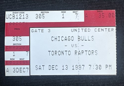 1997 Chicago Bulls vs Raptors Ticket Stub Michael Jordan 11 Pts Tracy McGrady 8