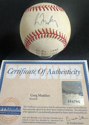 Greg Maddux Signed Official N.L Baseball Auto 4cy Young Engraved Steiner Coa