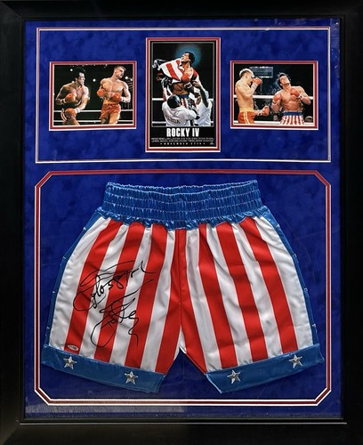 Sylvester Stallone Rocky IV Signed Suede Framed USA Boxing Shorts Auto JSA COA