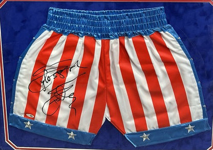 Sylvester Stallone Rocky IV Signed Suede Framed USA Boxing Shorts Auto JSA COA