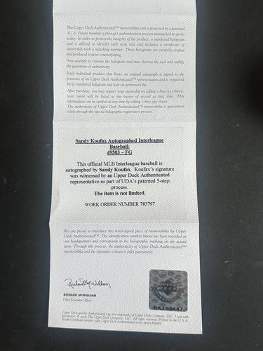 Sandy Koufax Signed Official Mlb Baseball Hof Auto Upper Deck Uda Coa W/ Case