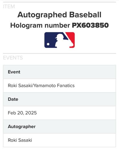 Roki Sasaki Signed Official MLB Baseball Dodgers Rookie Auto Fanatics MLB COA