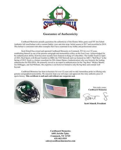 Rontez Miles 2017 Game Used NY Jets Schutt Authentic FS Helmet Visor #45 COA