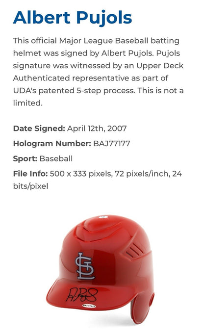Albert Pujols Signed Rawlings Cardinals Game Batting Helmet Auto UDA & MLB Coa