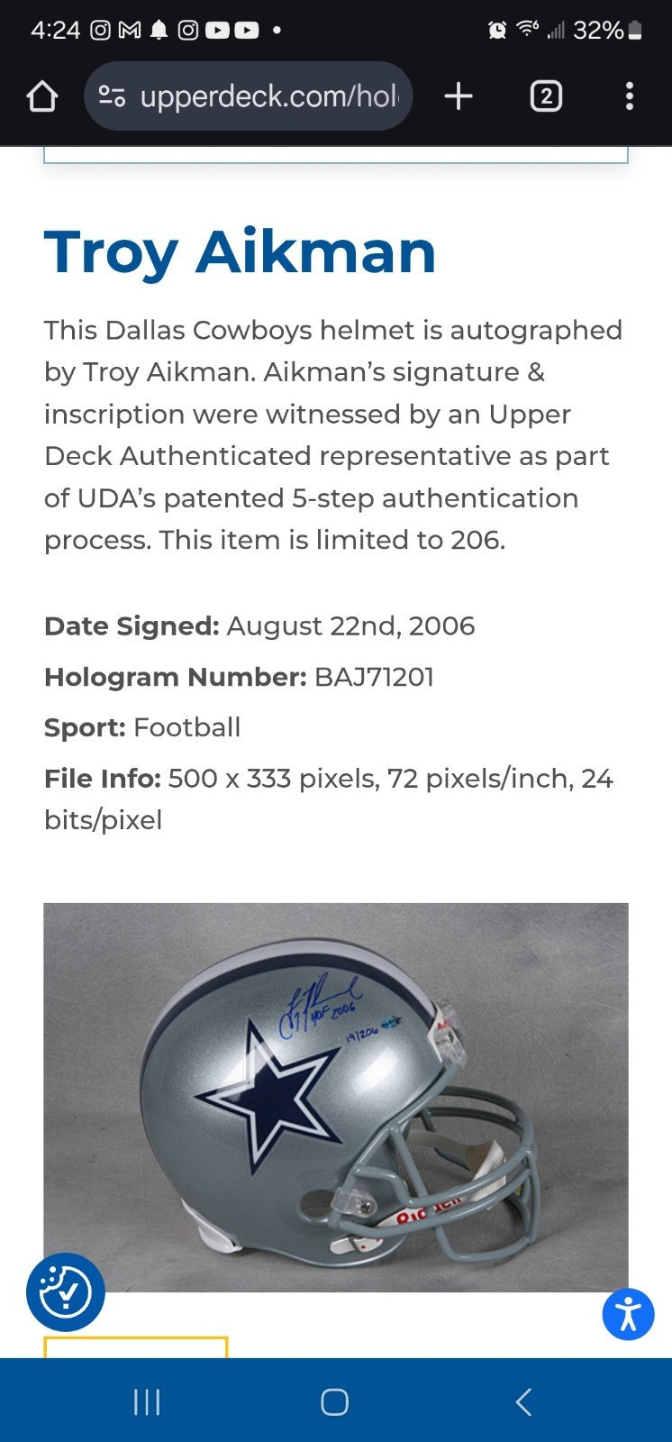Troy Aikman Signed Cowboys FS Helmet Hof Auto /206 RIDELL