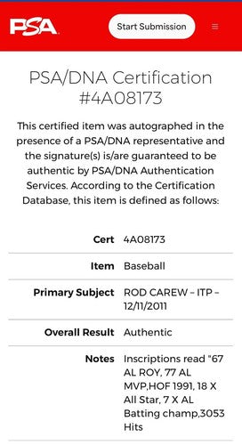 Rod Carew Signed Career 6  STAT Mlb Baseball Mint Hof Mvp Roy Twins Psa ITP Coa
