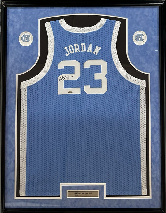 Michael Jordan Signed Suede Framed Nike UNC Jersey Mint Auto UDA COA HOF #23