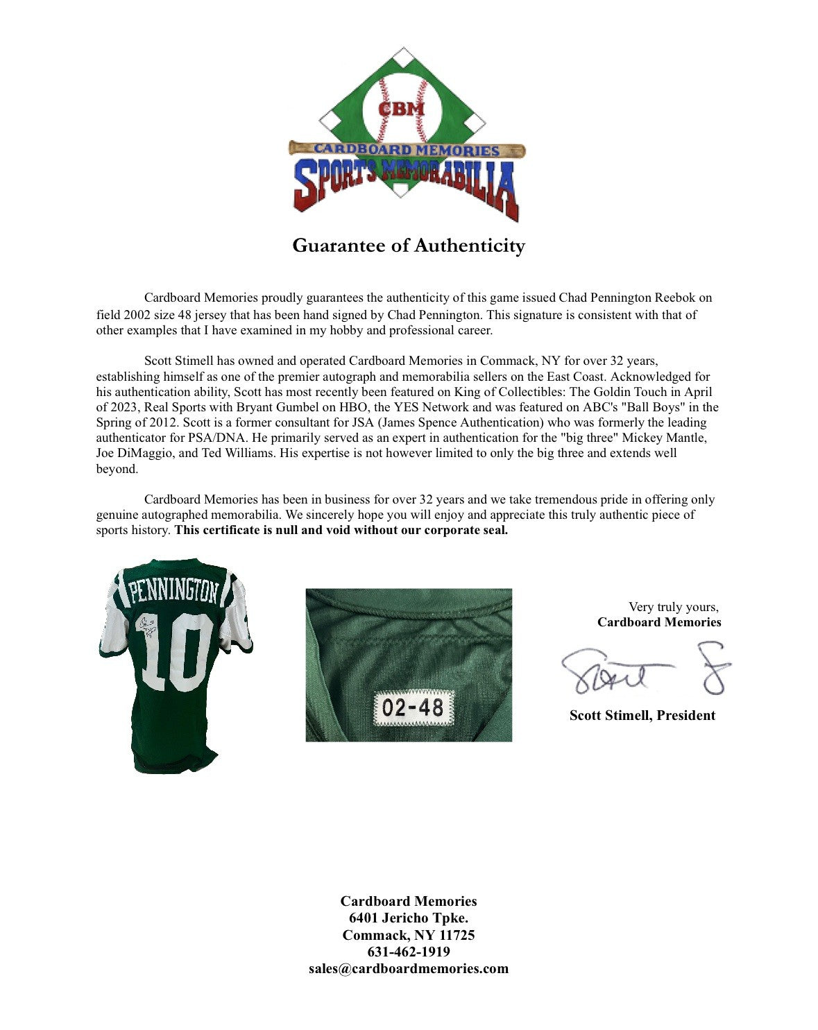 Chad Pennington Signed Game Used/Issued 2002 Reebok NY Jets Jersey Autograph COA