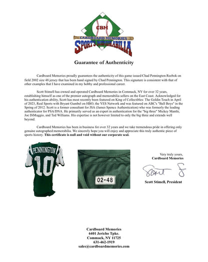 Chad Pennington Signed Game Used/Issued 2002 Reebok NY Jets Jersey Autograph COA