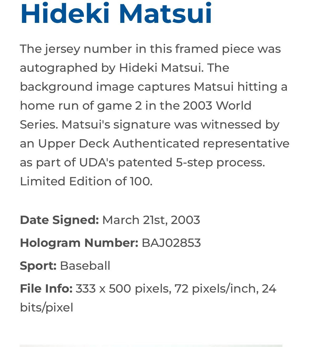 Hideki Matsui Signed Framed Jersey #55 Photo Yankees /100 Rookie Auto WS MVP UDA