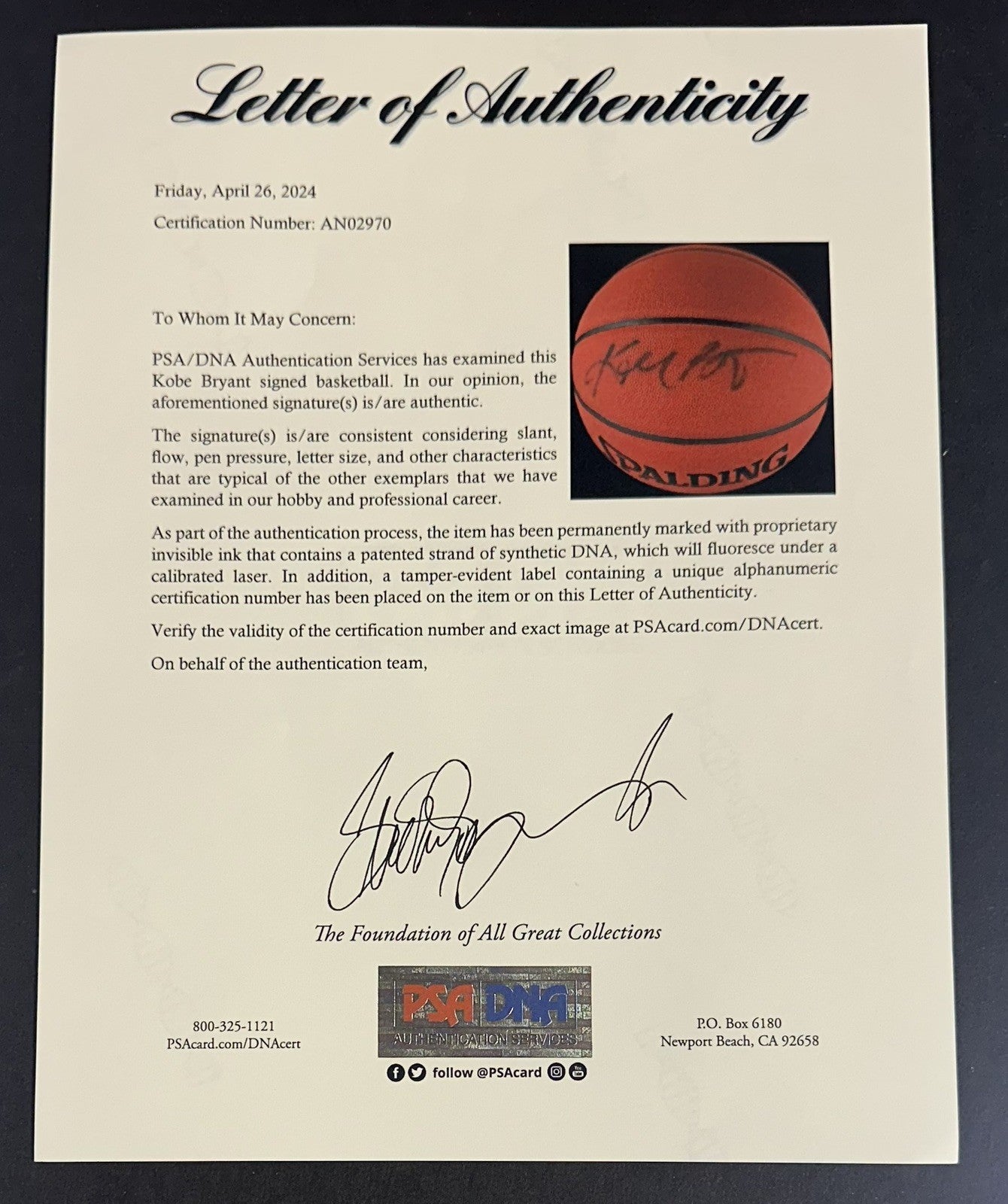 Kobe Bryant Lakers Signed NBA Spalding Basketball Rookie Auto PSA Loa Letter