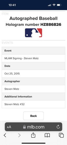 Steven Matz Signed Official Mlb Baseball ROOKIE AUTO MLB HOLO COA Red Sox