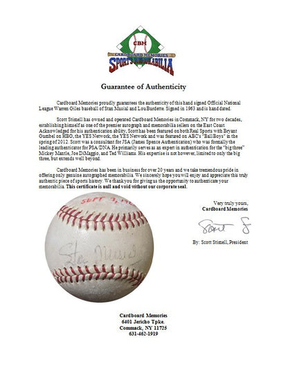 Stan Musial & Lou Burdette Signed 1963  Warren Giles N.L Baseball Cardinals COA