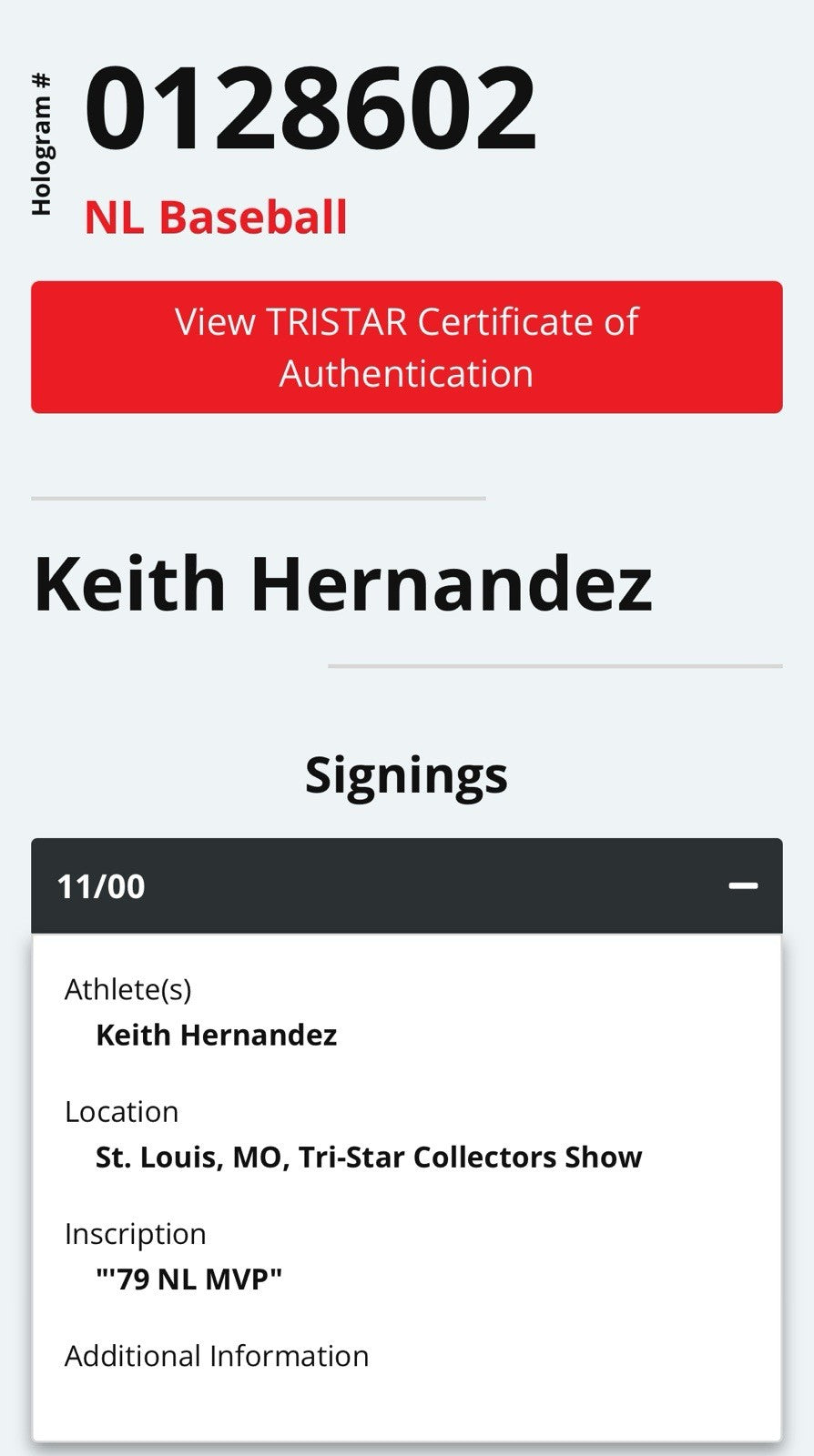 Keith Hernandez Signed Official NL Baseball 79 NL MVP Auto Cardinals TRISTAR COA