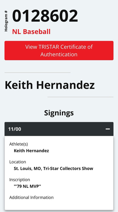 Keith Hernandez Signed Official NL Baseball 79 NL MVP Auto Cardinals TRISTAR COA