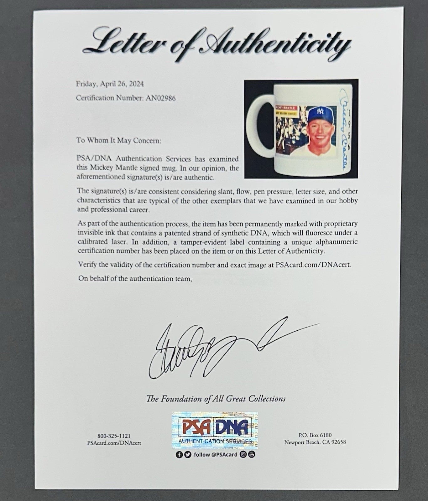 Mickey Mantle Signed 1956 Topps Card Mug NY Yankees Autograph PSA LOA 1/1 HOF