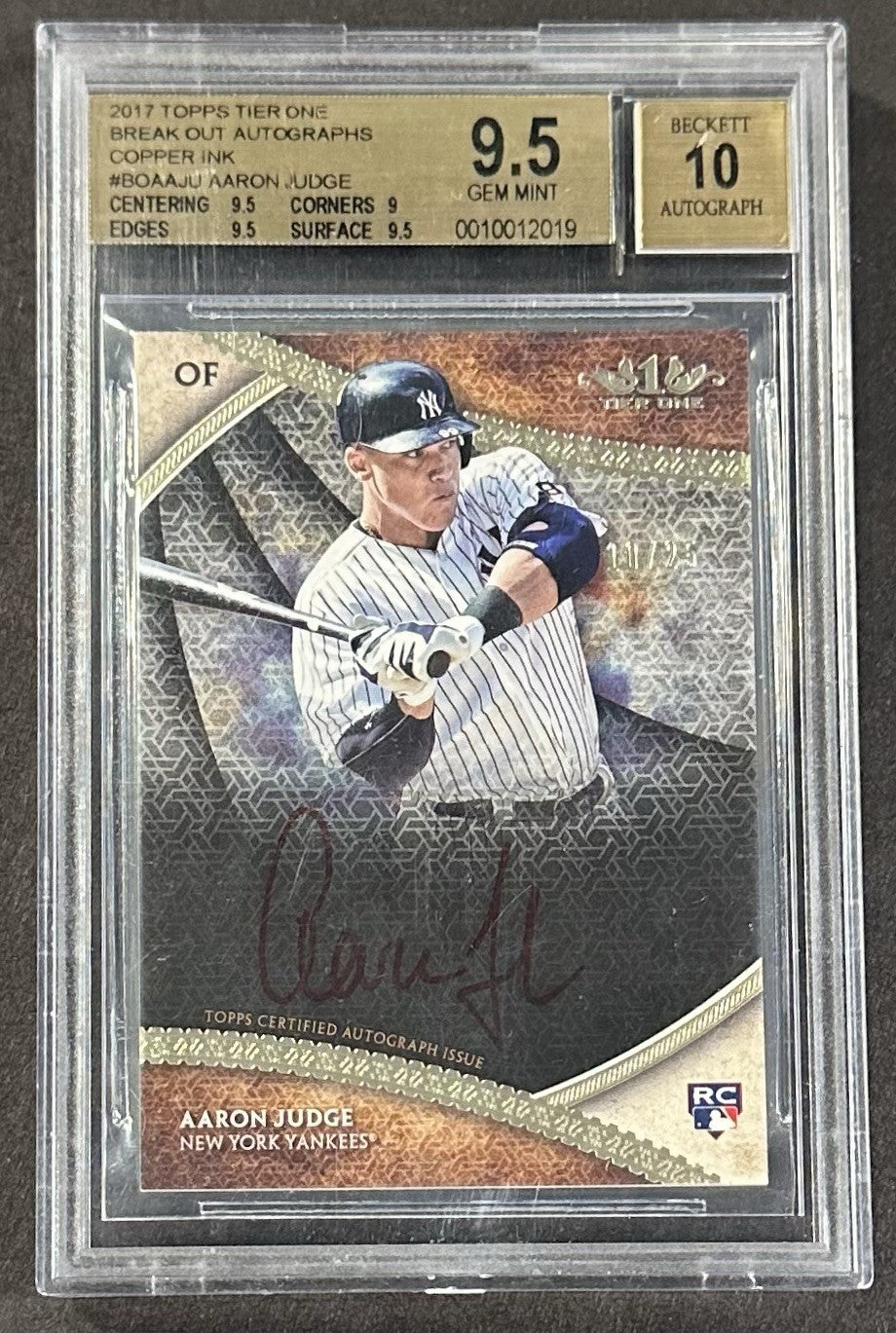 2017 Topps Tier One Aaron Judge Rookie Break Out Auto /25 BGS 9.5 10 Yankees RC