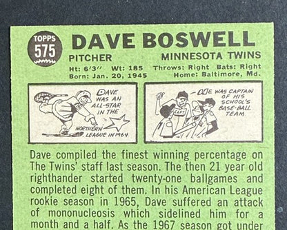 1967 Topps Set-Break #575 Dave Boswell Near Mint Nm Crisp Sharp Rc High # Twins