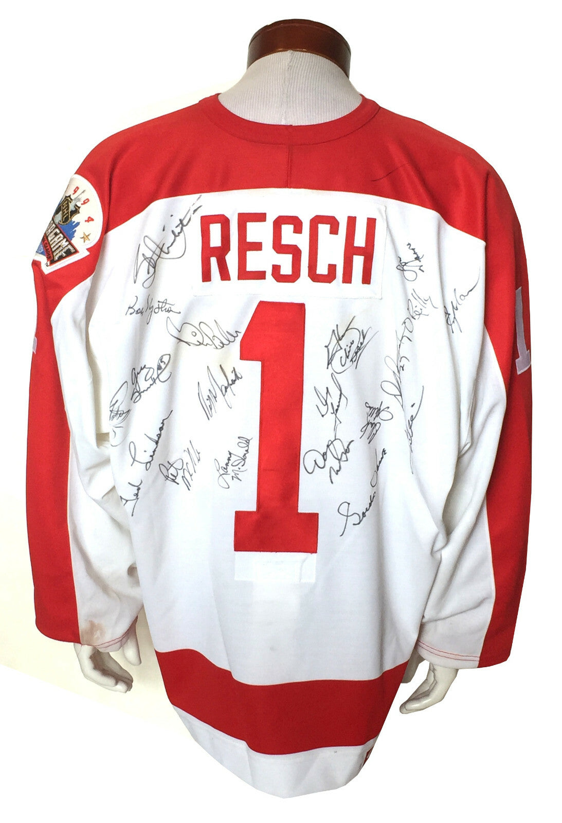 Chico Resch Signed Game Used 1994 Heroes Jersey 19 auto Gordie Howe PSA LOA HOF