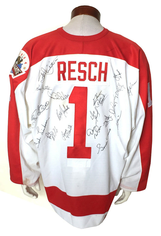 Chico Resch Signed Game Used 1994 Heroes Jersey 19 auto Gordie Howe PSA LOA HOF