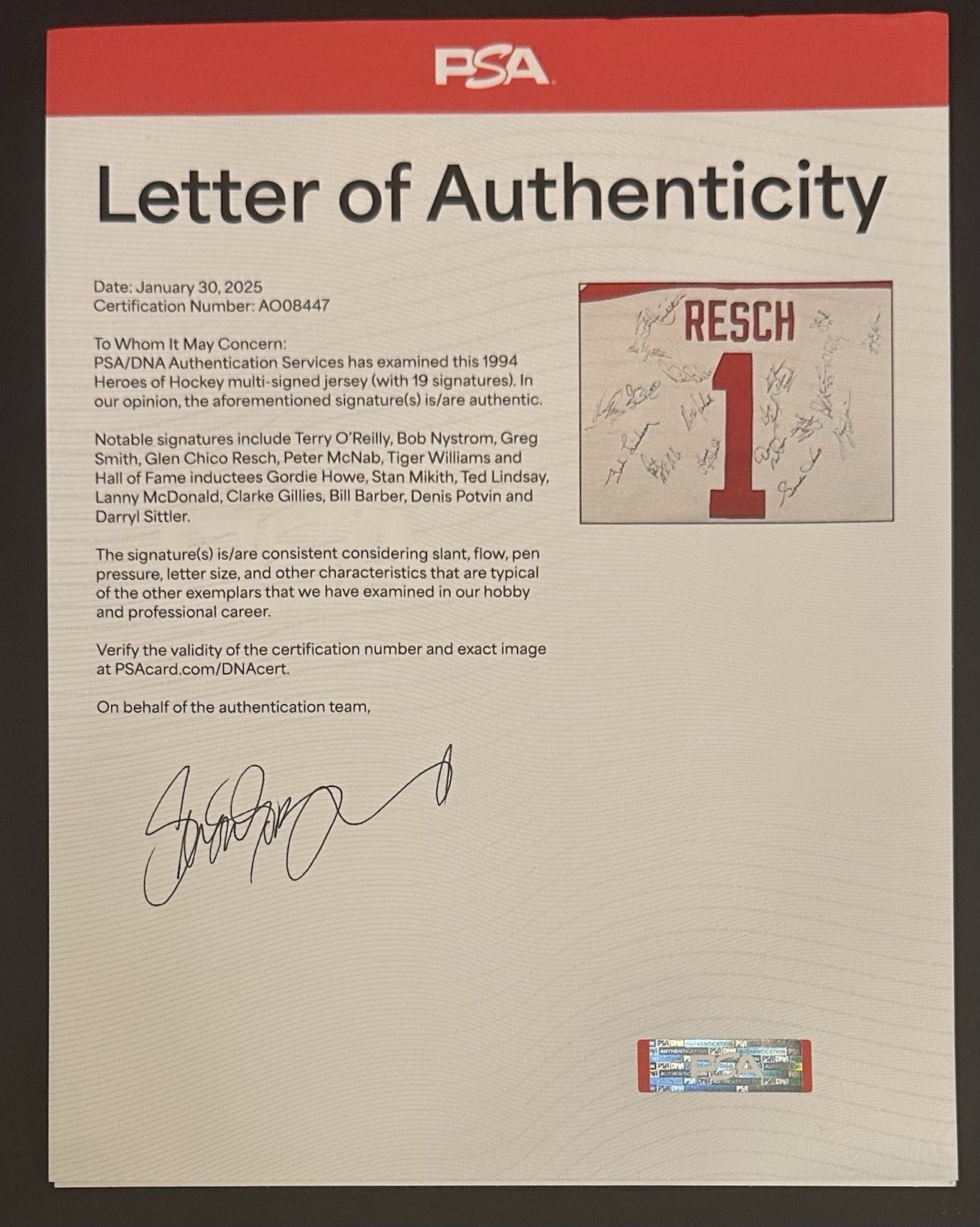 Chico Resch Signed Game Used 1994 Heroes Jersey 19 auto Gordie Howe PSA LOA HOF