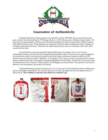 Chico Resch Signed Game Used 1994 Heroes Jersey 19 auto Gordie Howe PSA LOA HOF
