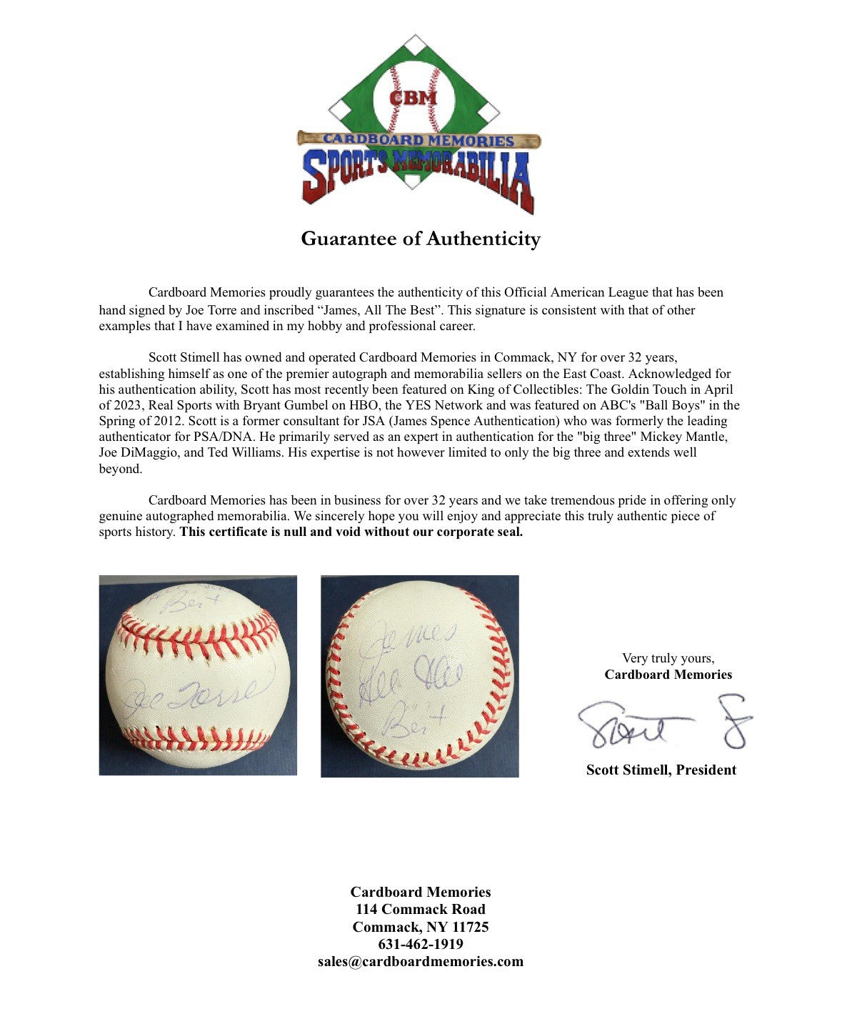 Joe Torre Signed Official AL Baseball NY Yankees James All Best Autograph LOA
