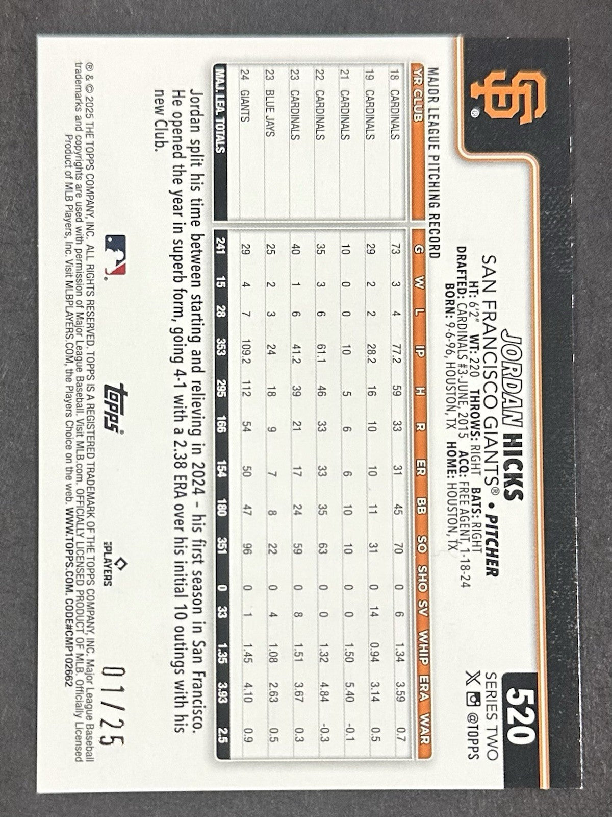 2025 Topps Series 2 Jordan Hicks #520 Orange Rainbow Foil 1/25 Giants Red Sox