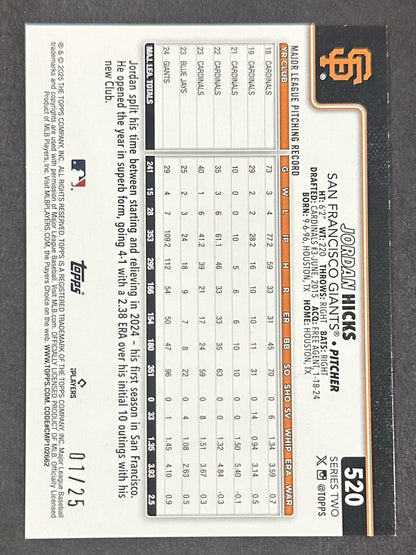 2025 Topps Series 2 Jordan Hicks #520 Orange Rainbow Foil 1/25 Giants Red Sox
