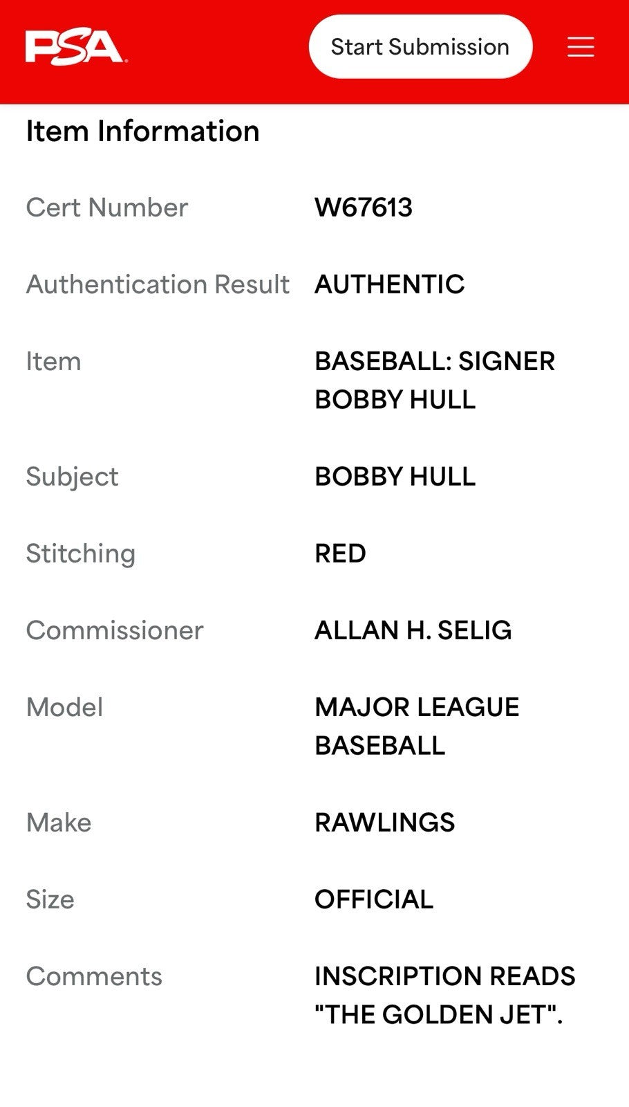 Bobby Hull Signed Official MLB Baseball Golden Jet Auto Blackhawks PSA COA HOF
