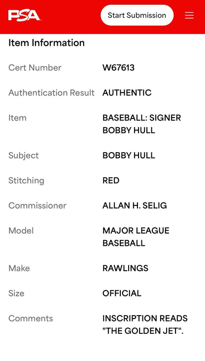 Bobby Hull Signed Official MLB Baseball Golden Jet Auto Blackhawks PSA COA HOF