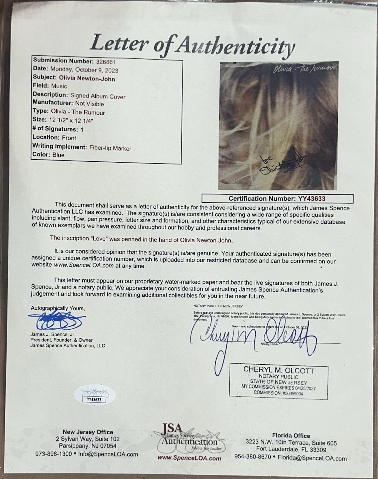 Olivia Newton John Signed The Rumour Framed Album Love Auto Mint JSA Loa Letter