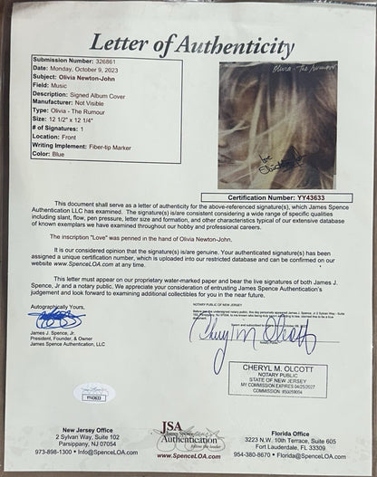 Olivia Newton John Signed The Rumour Framed Album Love Auto Mint JSA Loa Letter