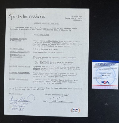 Frank Robinson Signed Sports Impressions Contract 1/1 Mint Auto HOF PSA Coa