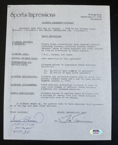 Frank Robinson Signed Sports Impressions Contract 1/1 Mint Auto HOF PSA Coa
