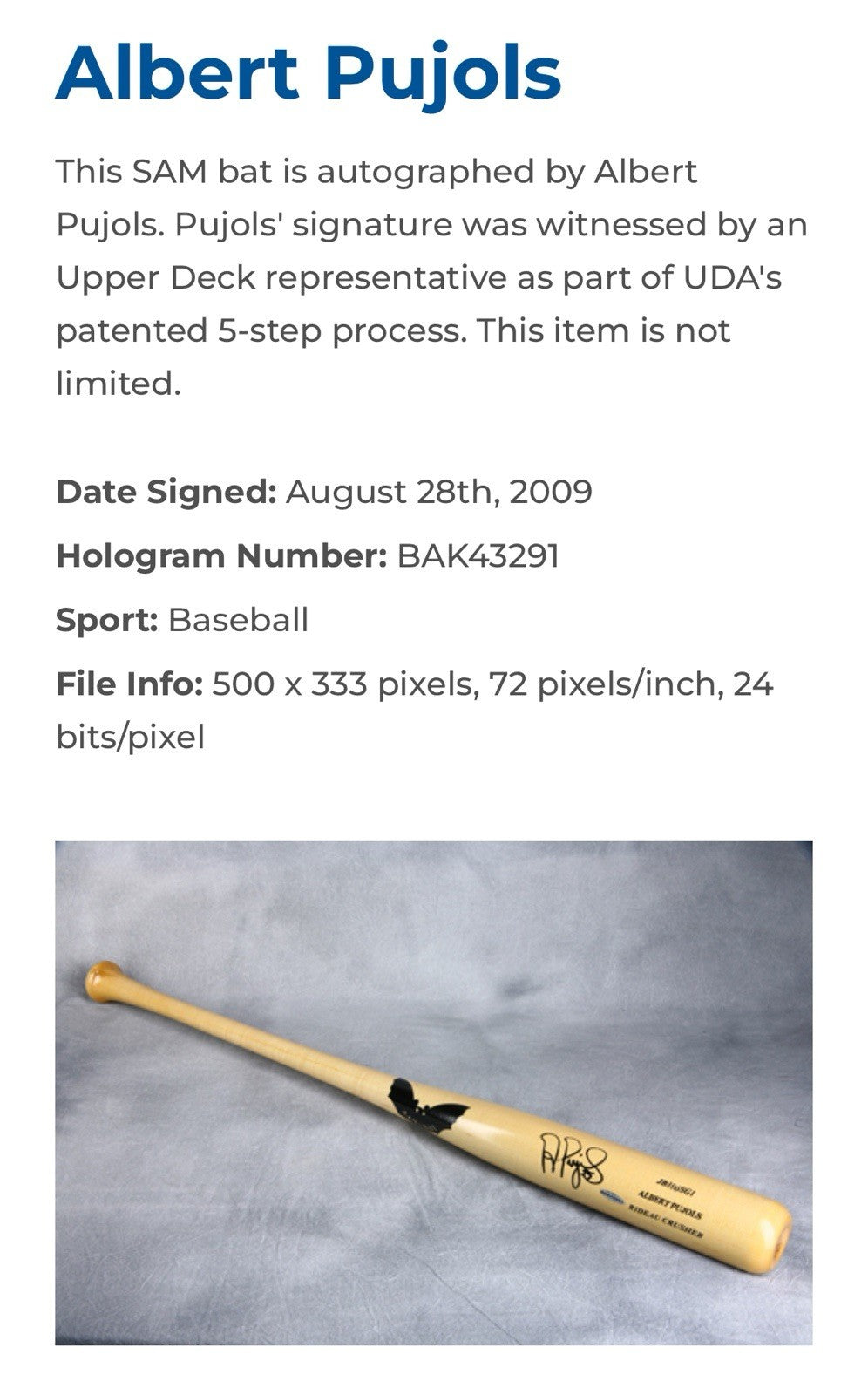 Albert Pujols Signed SAM Bat JB1 SG1 Early Game Model Cardinals Auto UDA MLB COA