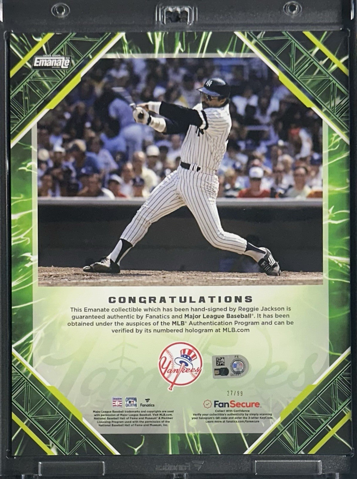 Reggie Jackson Signed Under Wraps Emanate 8x10 /99 Green Yankees Auto MLB COA