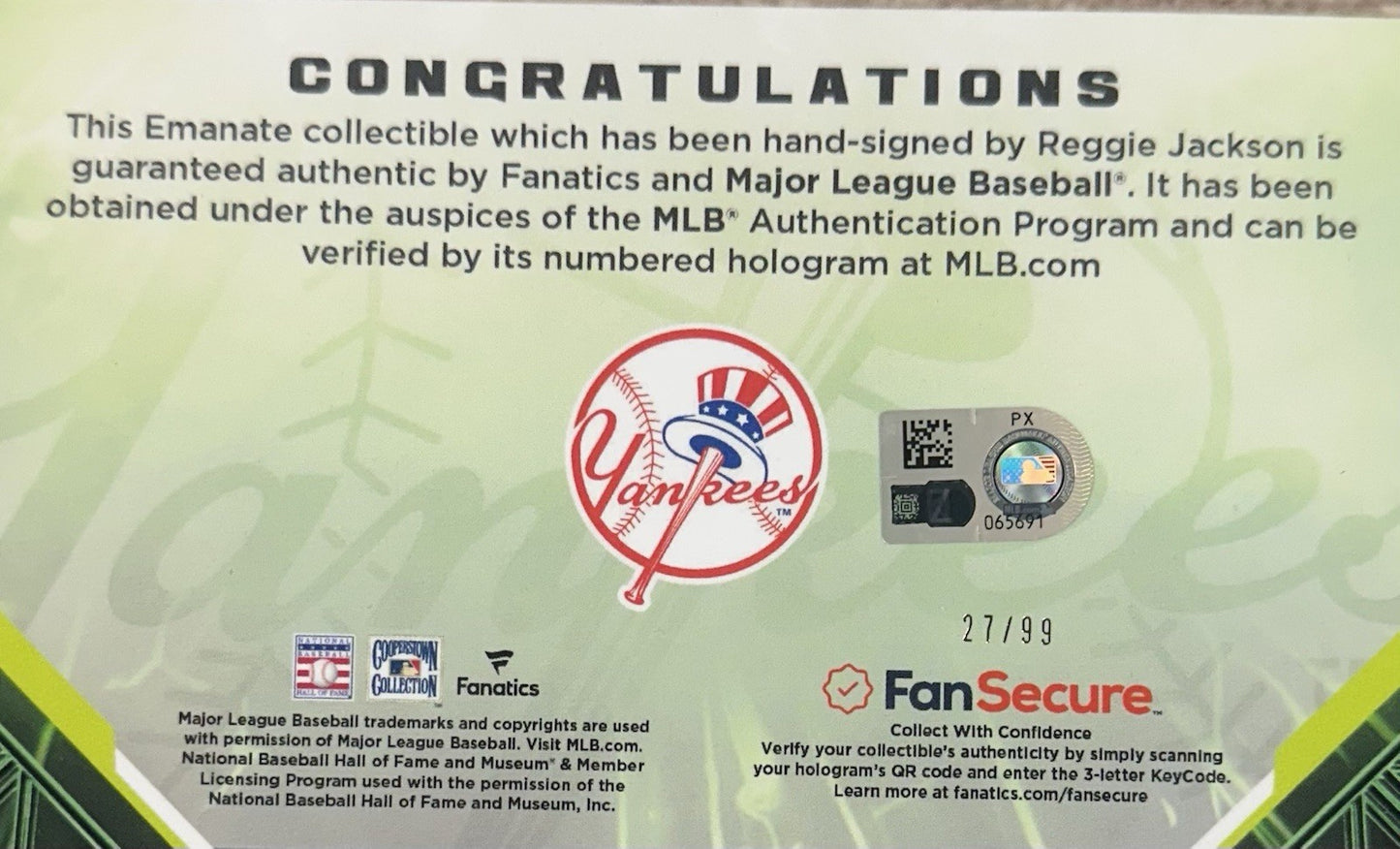 Reggie Jackson Signed Under Wraps Emanate 8x10 /99 Green Yankees Auto MLB COA